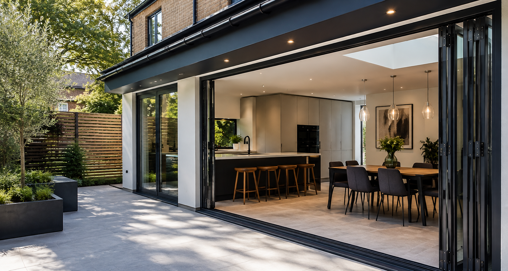 Modern aluminium bifold doors opening onto a garden